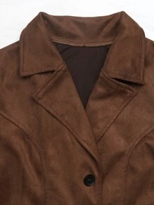LUMIGAL Women French Style Coffee Brown Long Sleeve Coat, Elegant Faux Suede Pocket Winter Outerwear For Christmas Halloween New Year Party And Commute - Coffee Brown - View 5