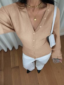 Siren Gaze Women's Solid Color Button-Front Fitted Waist Knit Cardigan, Casual Everyday Wear, Autumn/Winter - Camel - View 6