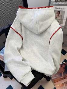 SHEIN 青少年女孩秋/冬可愛休閒櫻桃對比色荷葉邊刺繡保暖內裡長袖連帽衛衣，休閒校園Ins風長袖衛衣 - 灰色 - 查看 2