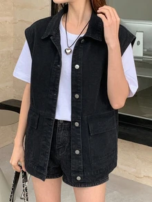DAZY 女款單排扣休閒日常牛仔夾克 - 黑色 - 查看 5
