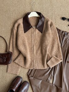 Grovea Plus Size Leather Collar Zipper Long Sleeve Knit Cardigan Drop Shoulder Knit Jacket Top, Autumn/Winter - Khaki - View 3