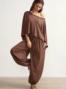 Bohemela Women's Solid Color Asymmetrical Shoulder Batwing Sleeve Top And Lantern Pants Casual 2 Pieces Set - Coffee Brown - View 3