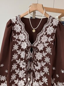 Muvela 女款休閒度假花卉刺繡前綁帶襯衫 - 棕色 - 查看 3