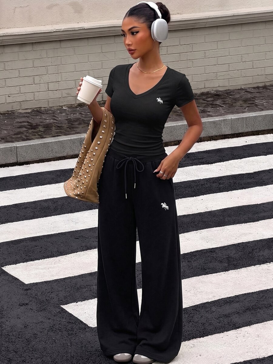 Muchica Black Knit Women's Preppy Casual Style Set Lounge Summer ...