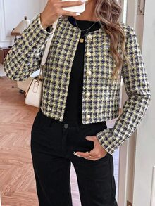Struktiv Women's Plaid Tweed Round Neck Pearl Button Short Jacket, Elegant Office Wear For Spring And Autumn - Multicolor - View 4