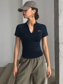 DAZY Women's Half-Neck Half-Button Letter Silicone Patch Fitted Long Sleeve T-Shirt Fall - Navy Blue - View 3