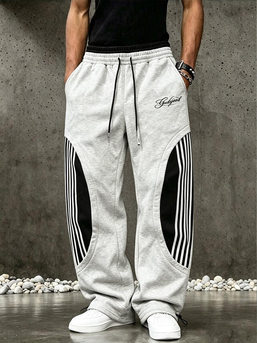 ROMWE MEN Men's Letter Stripe Print Drawstring Waist Sweatpants - Grey - View 1