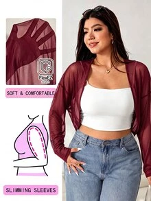 Solflare Casual Safari Burgundy Plus Size Lightweight Sheer Mesh Long Jacket With Raglan Sleeves, Suitable For Outdoor Family Vacation Office, Daily, Autumn - Burgundy - View 1