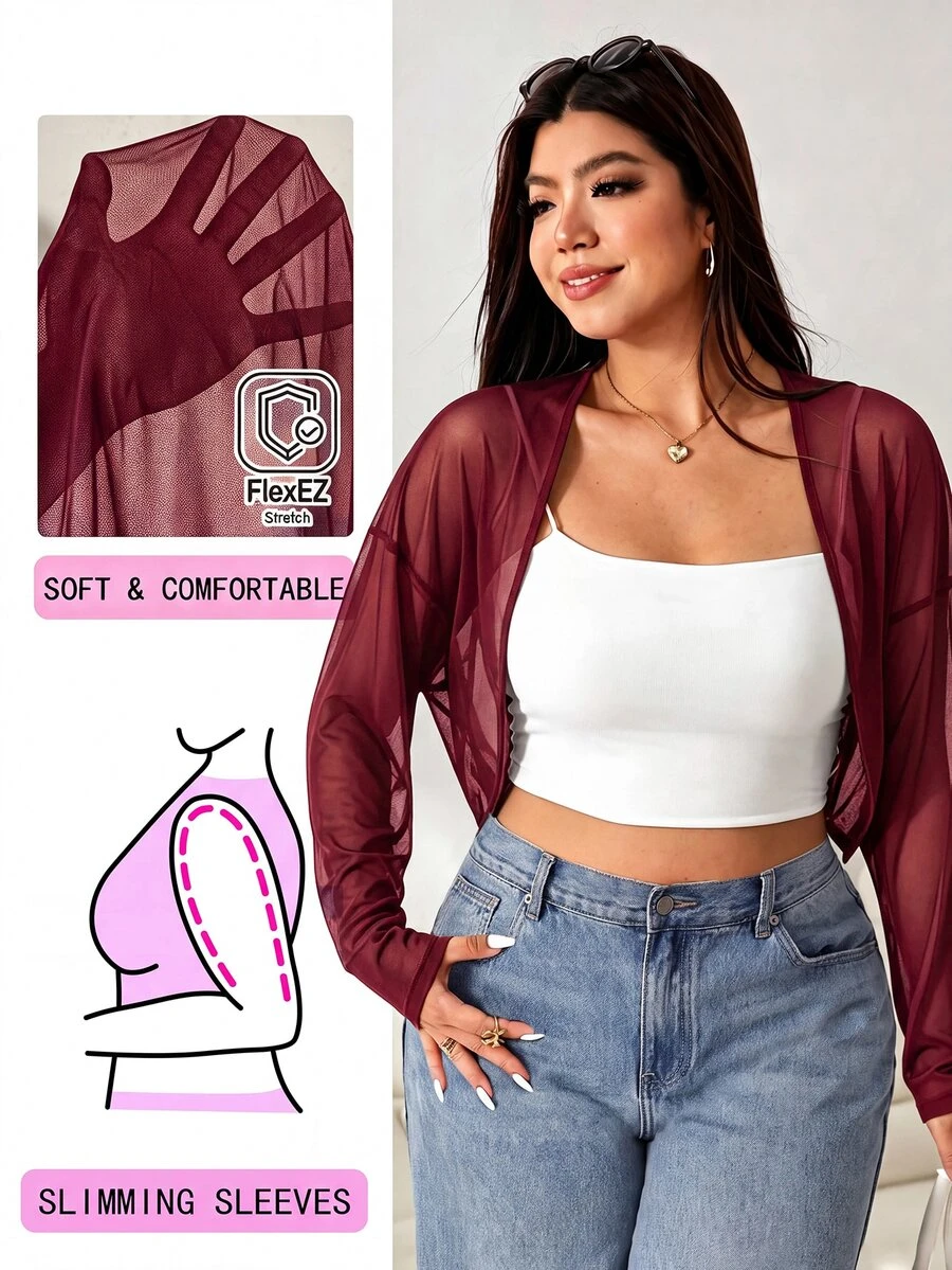 Solflare Casual Safari Burgundy Plus Size Lightweight Sheer Mesh Long Jacket With Raglan Sleeves, Suitable For Outdoor Family Vacation Office, Daily, Autumn - Burgundy - View 1