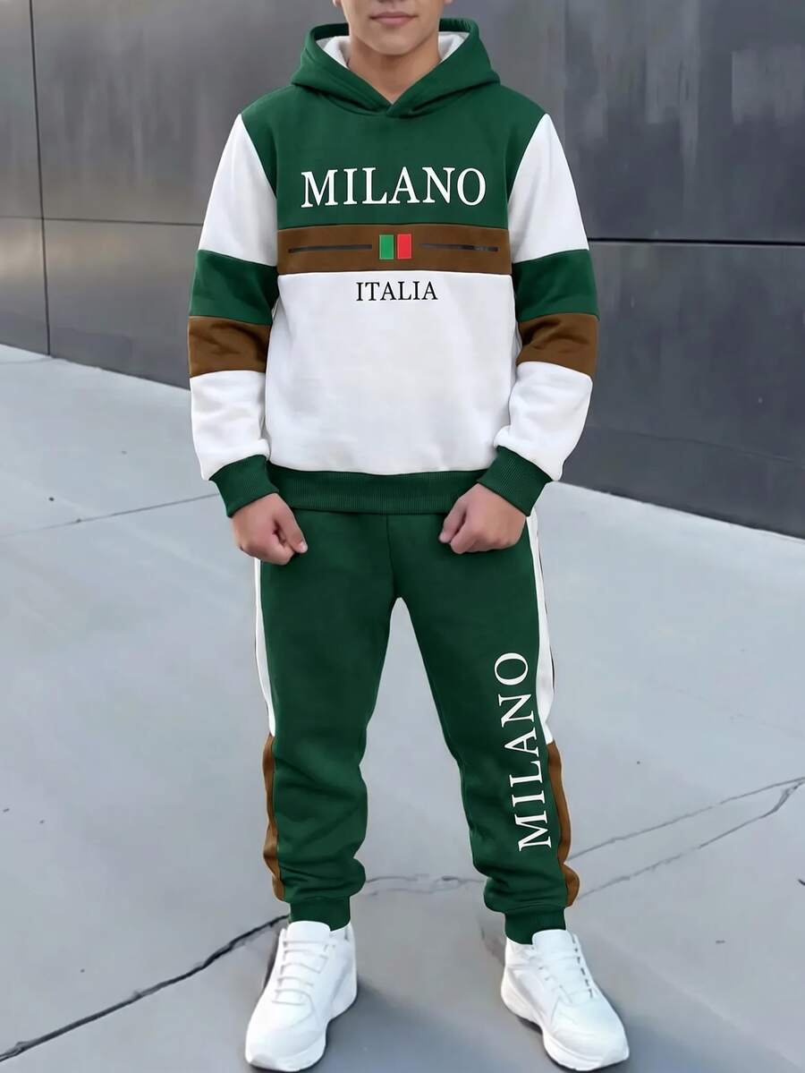 Tween Boy Casual Minimalist Long Sleeve Hooded Comfortable Sweatshirt 2 Pieces Set, Suitable For Autumn/Winter, Classic Retro Casual Color Block Pattern Print, Classic Urban Milan Text Pattern Print, Suitable For Autumn/Winter, Suitable For Back To School Season - Multicolor - View 1