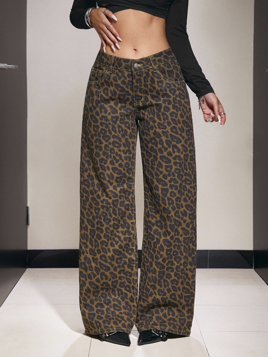 SHEIN PETITE Women's Leopard Print Wide Leg Denim Jeans Night Out Brown Fall Streetwear Casual - Multicolor - View 1