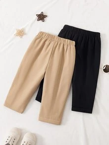 Baby Boys Minimalist Solid Color Thin Fleece Lined Casual Long Pants, Unisex Loose Straight Leg Pants With Soft Fleece Lining, Comfortable Basic Style - Multicolor - View 2