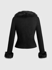 ROMWE Y2K Grunge Punk Metal Buckle Design Front Opening Fitted Fur Collar Women's Top - Black - View 2