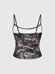 ROMWE Grunge Punk Punk Dark Vine Cute Pattern Print Spaghetti Strap Tank Top For Women - Black - View 2