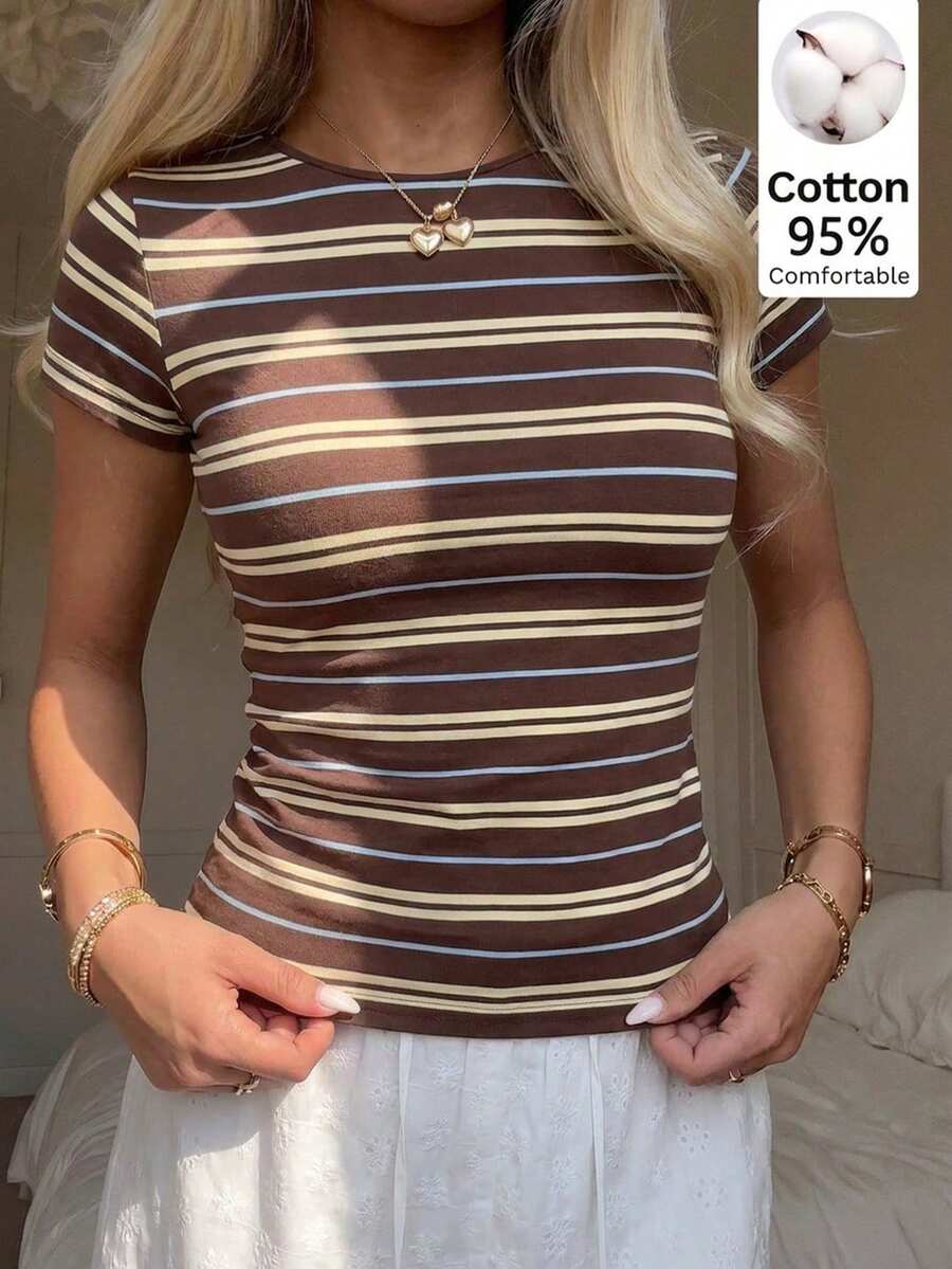 CovetEZ 大尺碼女款條紋拼接修身百搭休閒短袖T恤 - 白色 - 查看 1