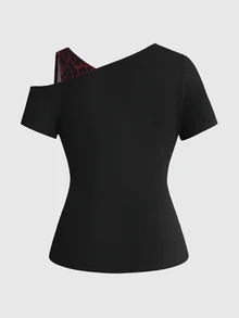 ROMWE Grunge Punk Plus Size Dark Punk 2 In 1 Fitted Distressed Ripped Edge Design T-Shirt - Black - View 2