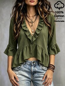 SHEIN Vintage Military Green Micro-Crinkled Textured Fabric Collar Wrap 3D Ruffle Deep V-Neck Front Opening Sleeve Mid-Section Gathered Cuff Expanded Ruffle Waistline Horizontal Pleated Flared Frill Trim Short Sweet Style 3/4 Sleeve Blouse - Army Green - View 6