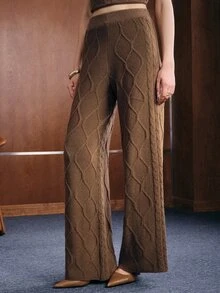 Anewsta Women's Autumn/Winter Cable Knit Argyle Pattern Commuter Elegant Long Pants - Brown - View 5