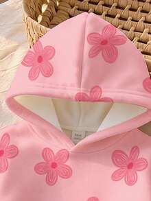 SHEIN Baby Girls Tops Knit Pink Floral Print Long Sleeve Pullover Hooded Drop Shoulder Sweatshirt Autumn/Winter Fall Party Family Cute Matching - Multicolor - View 3
