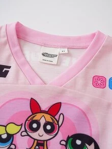 THE POWERPUFF GIRLS X SHEIN Kaos Lengan Pendek Bergambar Kartun Anak Perempuan - Berwarna merah muda - View 3