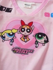 THE POWERPUFF GIRLS X SHEIN Kaos Lengan Pendek Bergambar Kartun Anak Perempuan - Berwarna merah muda - View 4