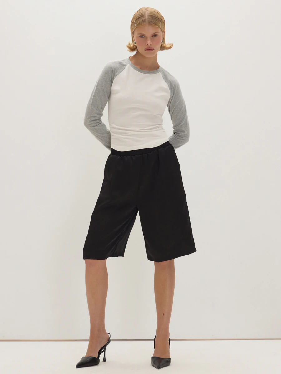 MUSEYN Black Satin Elastic Waist Loose Fit Long Shorts Comfortable Weekend Fall New Season Capsule Wardrobe - Black - View 1