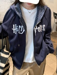 DAZY Women's Letter Print Drawstring Hooded Casual Daily Long Sleeve Sweatshirt Fall - Navy Blue - View 1