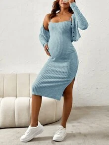 SHEIN 孕婦純色開衩設計細肩帶洋裝與長袖開襟衫休閒兩件套 - 淺藍色 - 查看 6