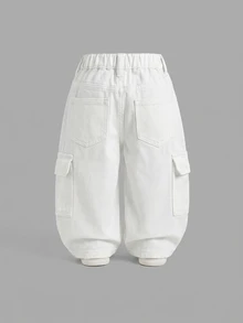 SHEIN 男嬰時尚鈕扣口袋寬鬆工裝牛仔長褲 秋季服飾 - 米色 - 查看 2