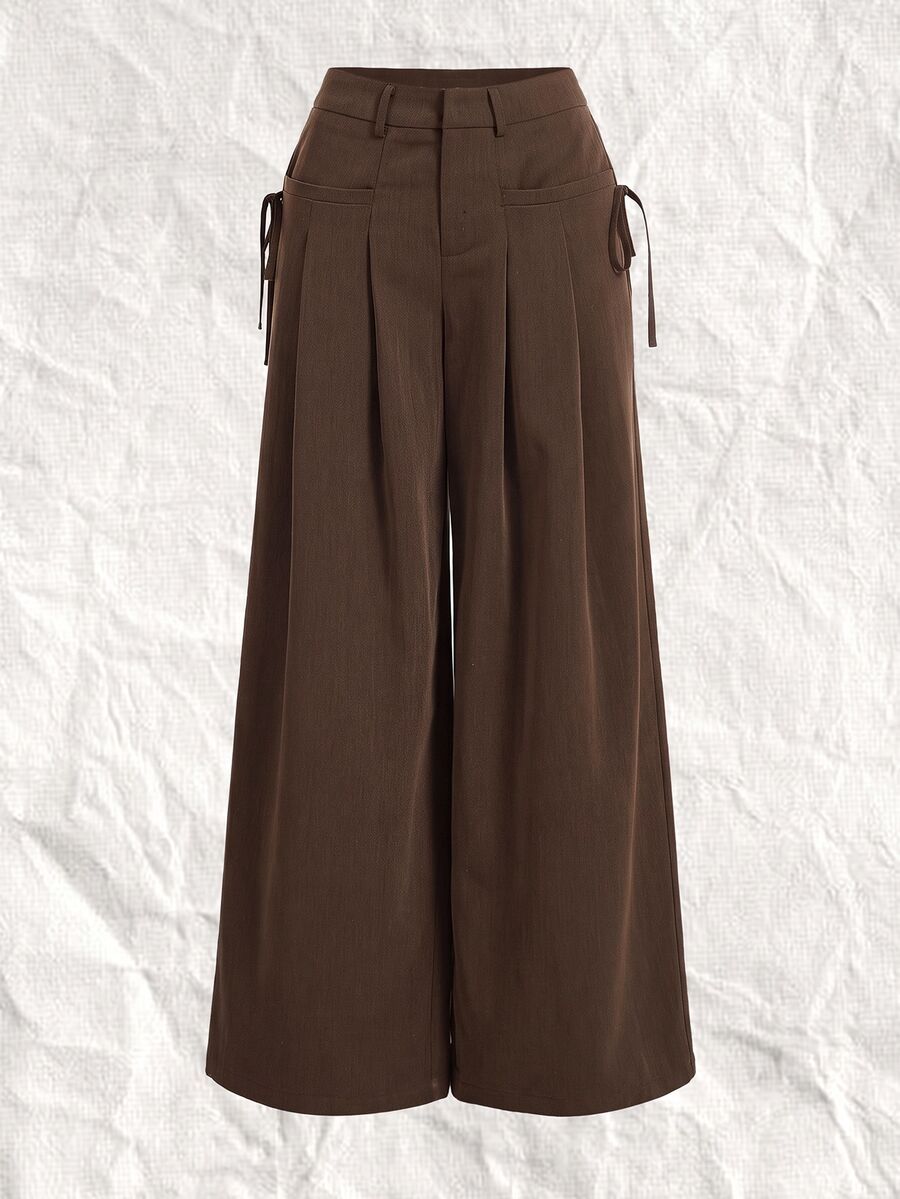 SHEIN EZwear 灰色紋理大尺碼女款西裝長褲 秋冬款 - 棕色 - 查看 1