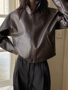 DAZY Women's Solid Color PU Leather Zipper Casual Versatile Daily Jacket - Black - View 6