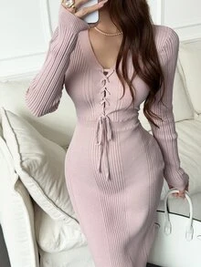 Feyla 女款純色前綁帶設計修身長袖針織洋裝 灰粉色 秋季浪漫優雅 早午餐晚餐派對穿搭 - 藕粉色 - 查看 1