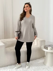 Shapeblank Plus Size Versatile Fashion Long Sleeve T-Shirt With Split Hem, Fall, Going Out Top, Simple Style, Warm Autumn Top T-Shirt For Women Fall/Winter - Apricot - View 7