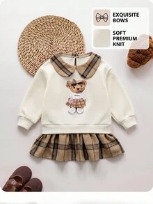 SHEIN Babygirl Cute College Style Casual Cartoon Pattern Collared Autumn Winter Dress - White - View 3
