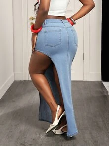 BamGleam Summer Fashion Side Slit Letter Embroidered Denim Skirt - Light Wash - View 2