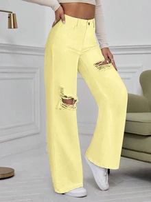 SHEIN EZwear Women's High Waist Pocket Distressed Wide Leg Casual Denim Jeans - Yellow - View 6