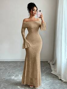 Rafferiza 女款優雅時尚年輕簡約百搭修身露肩大翻領喇叭袖魚尾中長洋裝，秋季 - 卡其色 - 查看 1