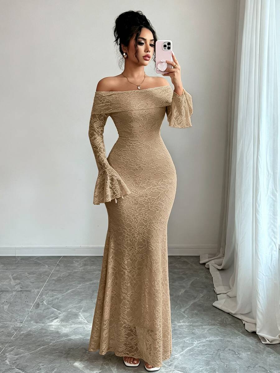 Rafferiza 女款優雅時尚年輕簡約百搭修身露肩大翻領喇叭袖魚尾中長洋裝,秋季 - 卡其色 - 查看 1