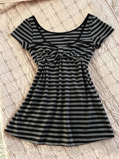 IslaSuriya Women's Summer Black And White Striped Short Sleeve Casual Y2k Cute Vacation Top Everyday Date Night