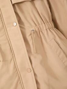 SHEIN 秋冬新款青少年女孩保暖內裡連帽中長版填充外套，收腰設計，羊羔毛領，加厚卡其色外套，寬鬆版型，時尚保暖，適合日常通勤、外出、聚會、拍照 - 卡其色 - 查看 8