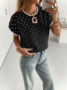 Siren Gaze Women's Vintage Shell Embroidery Polka Dot Knit Top - Black - View 5