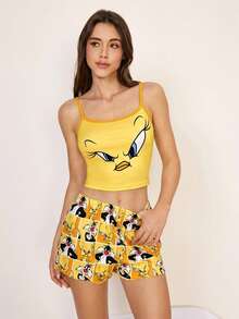 LOONEY TUNES X SHEIN 女款卡通印花拼色細肩帶上衣與短褲休閒居家睡衣套裝 - 橘色 - 查看 3