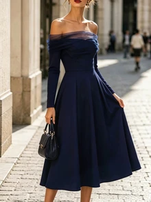 SHEIN Women's Navy Blue Mesh Strapless Dress With Pockets, Versatile Commute Party Slimming Casual Elegant Mid-Length Dress - Navy Blue - View 4