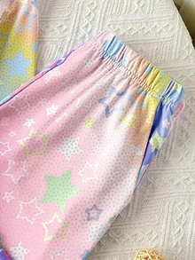 SHEIN 女童彩虹星星印花連帽外套與寬腿長褲2件套，街頭運動風，返校季，學院風 - 彩色 - 查看 8