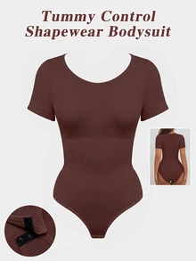 SHEIN 女款純色休閒日常短袖塑形連身褲 - 巧克力棕 - 查看 7