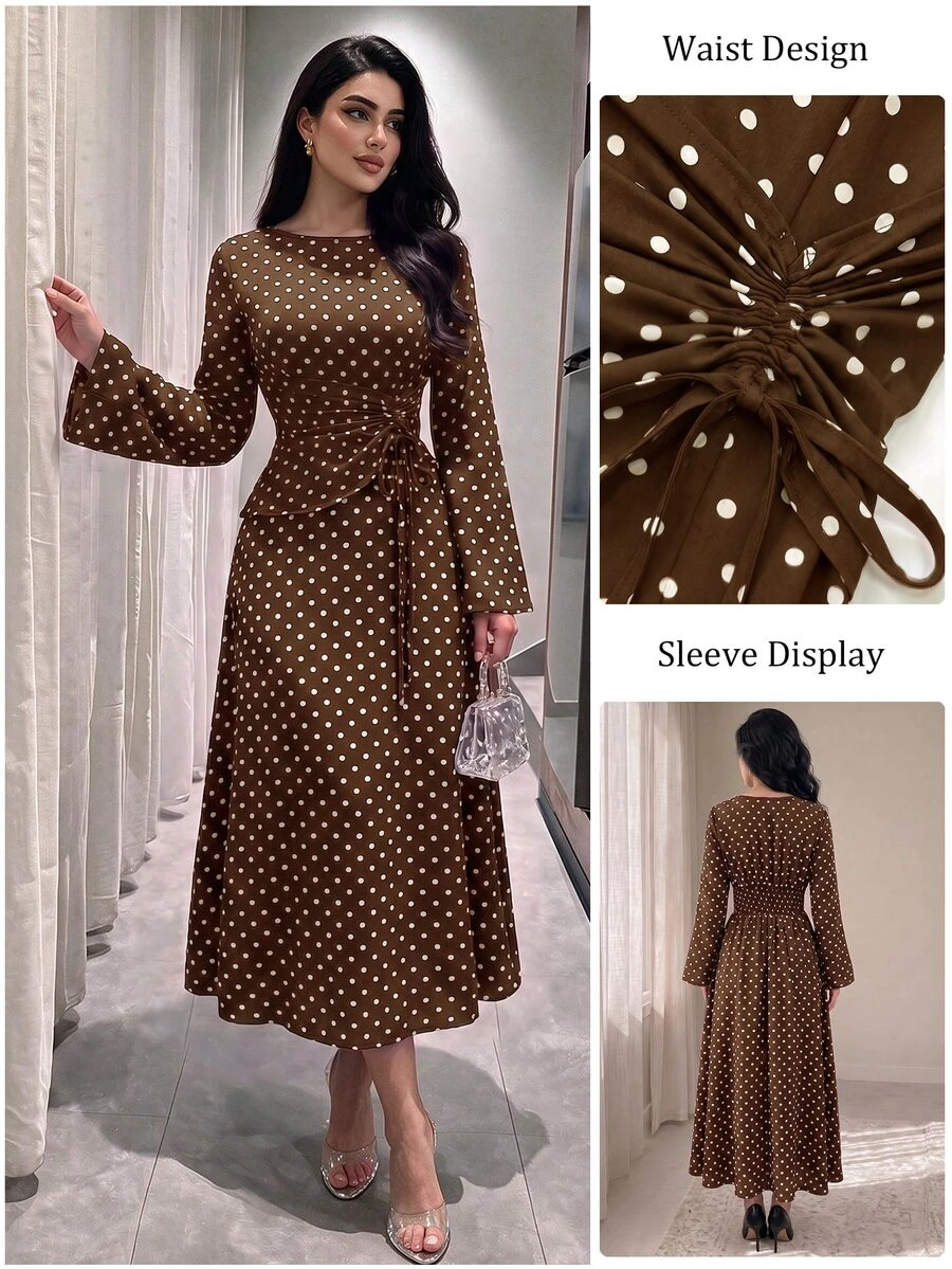 Modelyn 春秋法式通勤優雅波點收腰百褶抽繩喇叭袖長洋裝女款 - 咖啡 - 查看 1