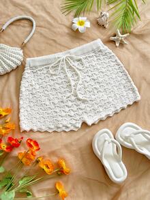 Soleia Women's Plus Size White Textured Knit Shorts For Vacation - White - View 1