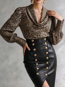 SHEIN Elegant Women's Blouses Leopard Print Puff Long Sleeve Shirts, Ruched Collar, French Vintage Autumn Fall Office Going Out Dinner/Date/Party Beige - Multicolor - View 8