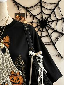 Lalippa Halloween Pattern Print Fashion Minimalist Oversized Mid-Length Round Neck Drop Shoulder Women's T-Shirt Friend's Gift - Black - View 3