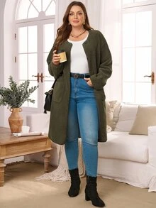 EMERY ROSE Plus Size Women Autumn/Winter Casual Vacation Fuzzy Army Green Solid Color Jacket With Pockets, Fall - Army Green - View 4